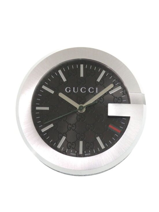 Gucci Table Clock 210 Black SS Leather Dial Quartz